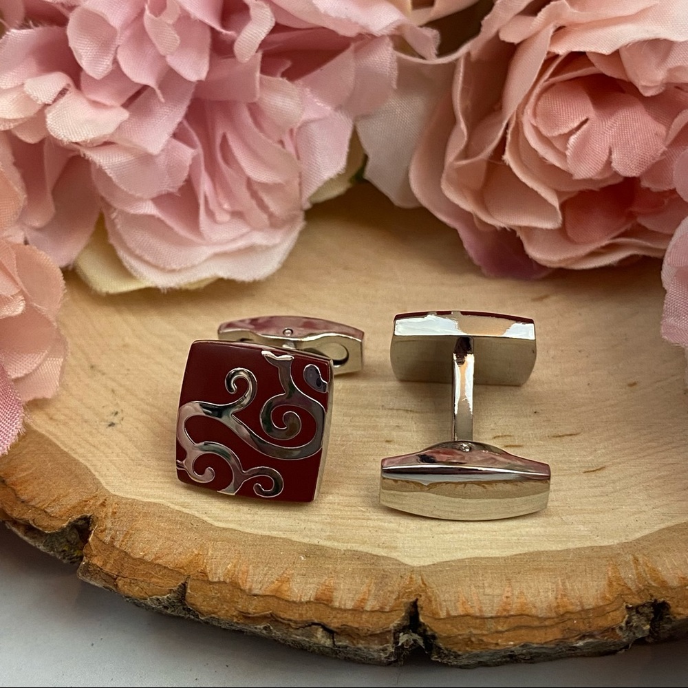 Elegant Coffee and Silver Square Cufflinks - Picture 12 of 16